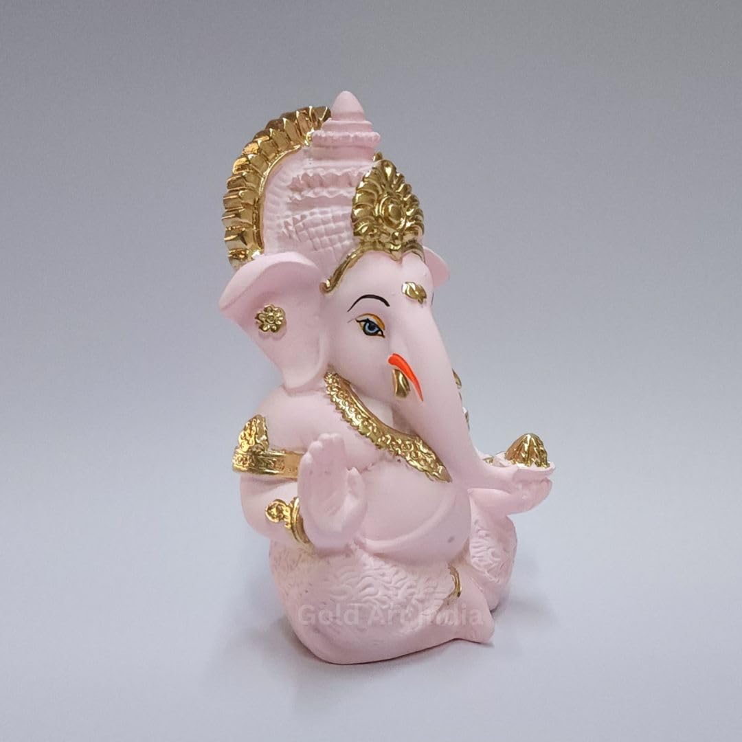Gold Art India Peach Ivory Finish Ganesha Idol Car Dashboard IdolGanesha Murti Ganpati Idol for Home Decor Puja Lord Ganesh Statue Gift for Office Desk Puja Room Figurine 3.3" inches