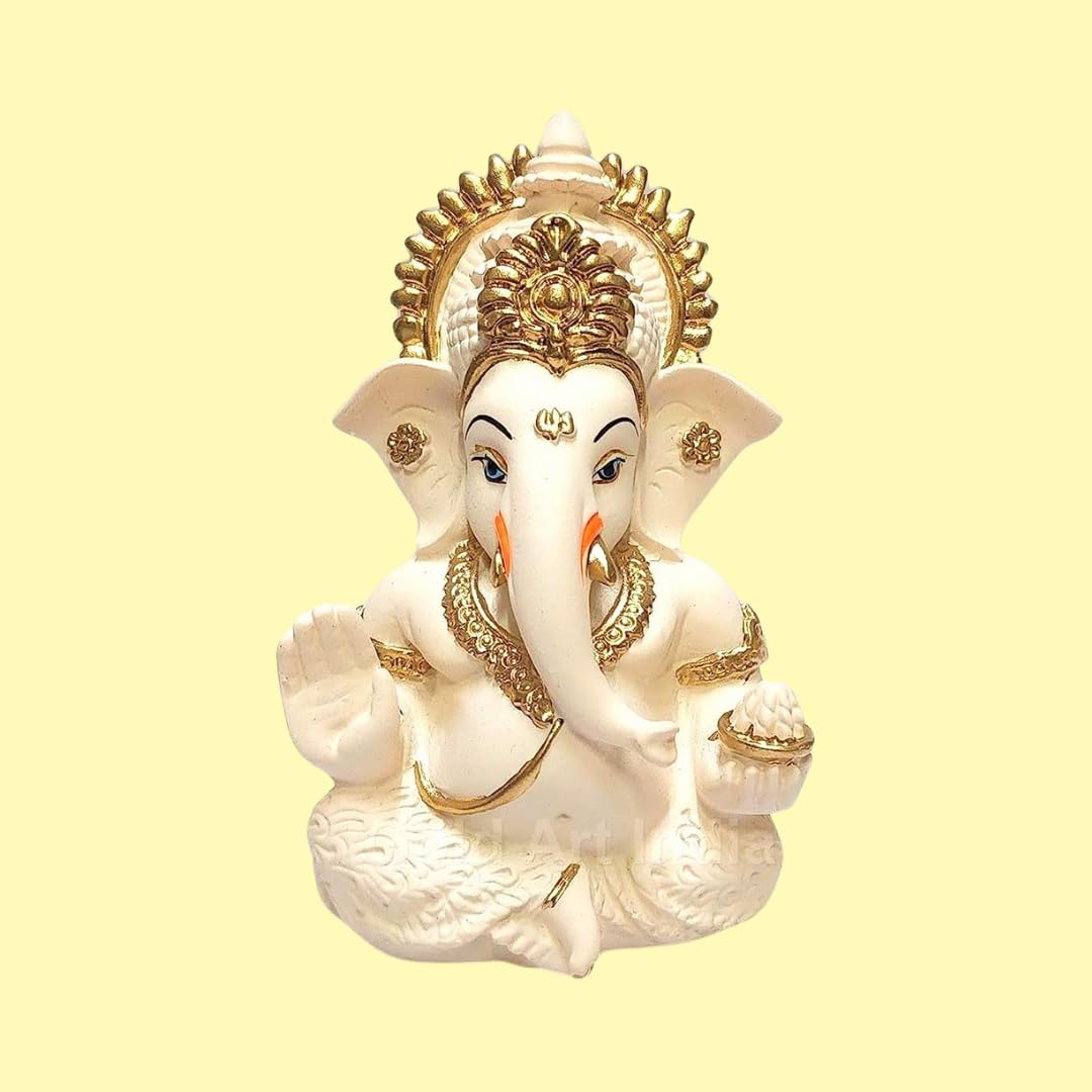 Gold Art India Peach Ivory Finish Ganesha Idol Car Dashboard IdolGanesha Murti Ganpati Idol for Home Decor Puja Lord Ganesh Statue Gift for Office Desk Puja Room Figurine 3.3" inches