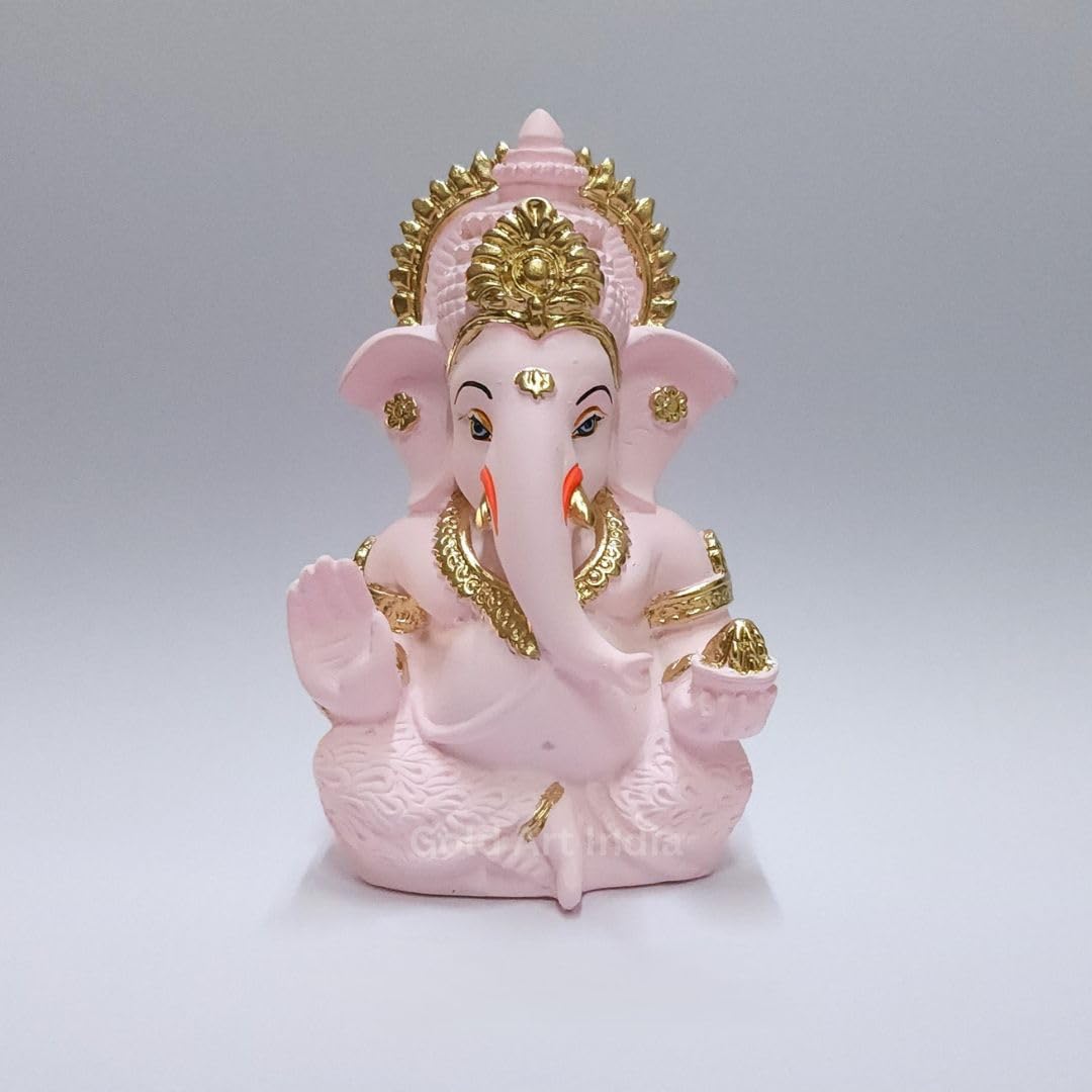 Gold Art India Peach Ivory Finish Ganesha Idol Car Dashboard IdolGanesha Murti Ganpati Idol for Home Decor Puja Lord Ganesh Statue Gift for Office Desk Puja Room Figurine 3.3" inches
