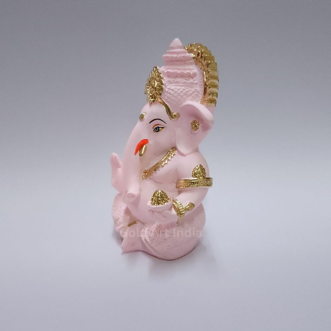 Gold Art India Peach Ivory Finish Ganesha Idol Car Dashboard IdolGanesha Murti Ganpati Idol for Home Decor Puja Lord Ganesh Statue Gift for Office Desk Puja Room Figurine 3.3" inches