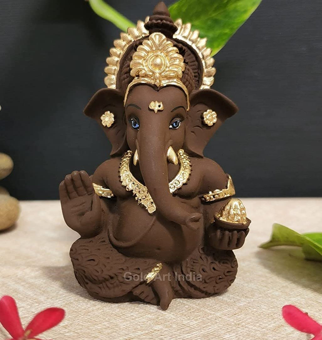 Gold Art India Peach Ivory Finish Ganesha Idol Car Dashboard IdolGanesha Murti Ganpati Idol for Home Decor Puja Lord Ganesh Statue Gift for Office Desk Puja Room Figurine 3.3" inches