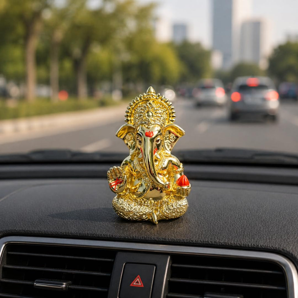 Gold Art India Peach Ivory Finish Ganesha Idol Car Dashboard IdolGanesha Murti Ganpati Idol for Home Decor Puja Lord Ganesh Statue Gift for Office Desk Puja Room Figurine 3.3" inches
