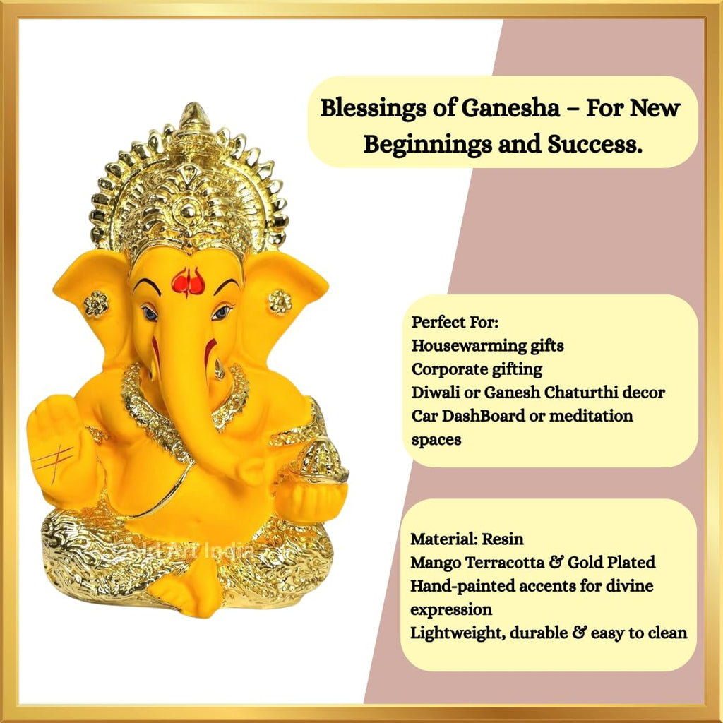 Gold Art India Peach Ivory Finish Ganesha Idol Car Dashboard IdolGanesha Murti Ganpati Idol for Home Decor Puja Lord Ganesh Statue Gift for Office Desk Puja Room Figurine 3.3" inches