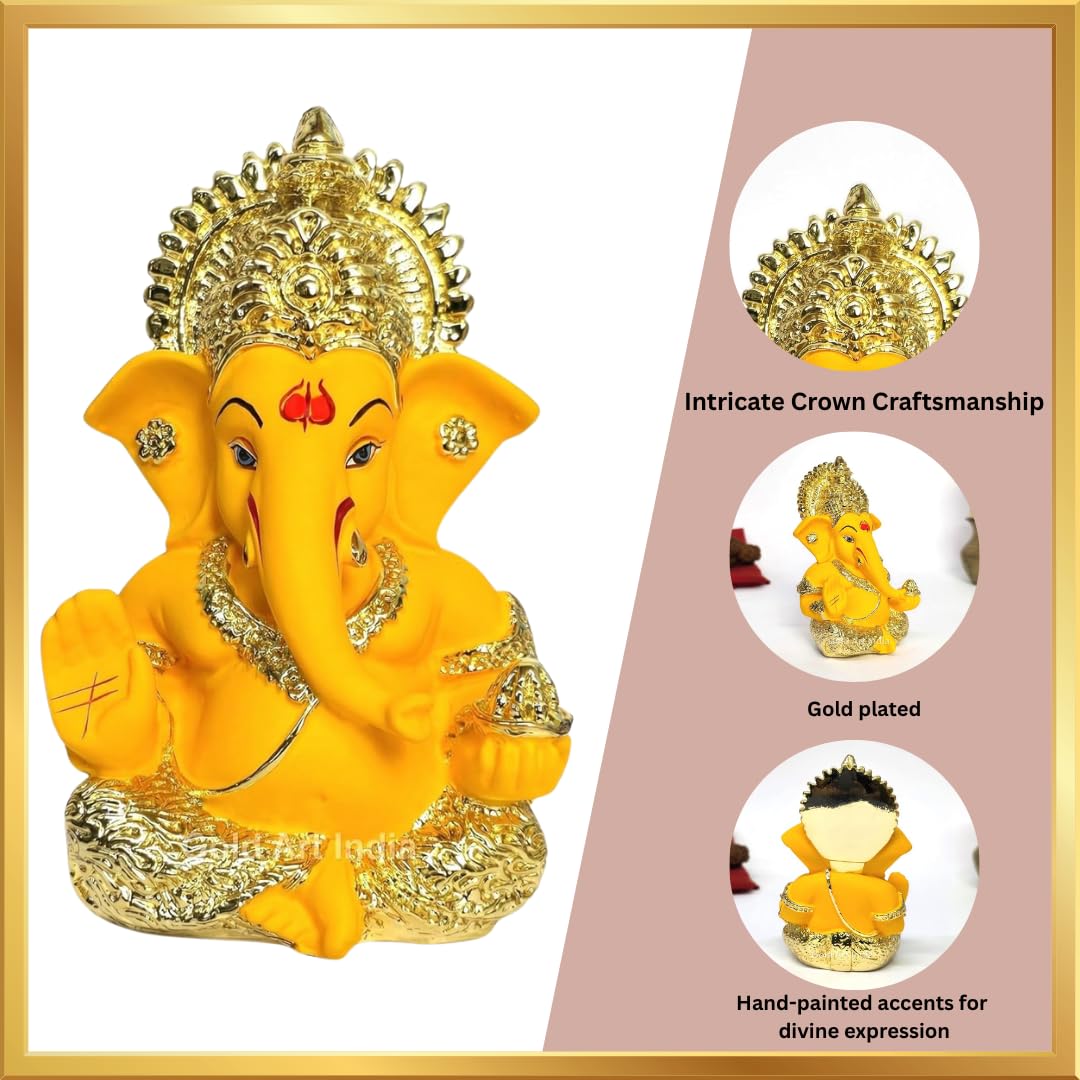 Gold Art India Peach Ivory Finish Ganesha Idol Car Dashboard IdolGanesha Murti Ganpati Idol for Home Decor Puja Lord Ganesh Statue Gift for Office Desk Puja Room Figurine 3.3" inches