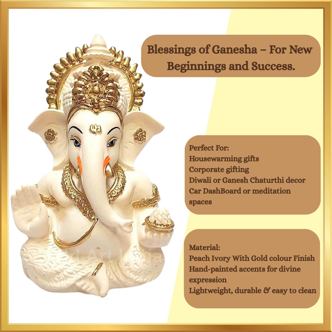 Gold Art India Peach Ivory Finish Ganesha Idol Car Dashboard IdolGanesha Murti Ganpati Idol for Home Decor Puja Lord Ganesh Statue Gift for Office Desk Puja Room Figurine 3.3" inches