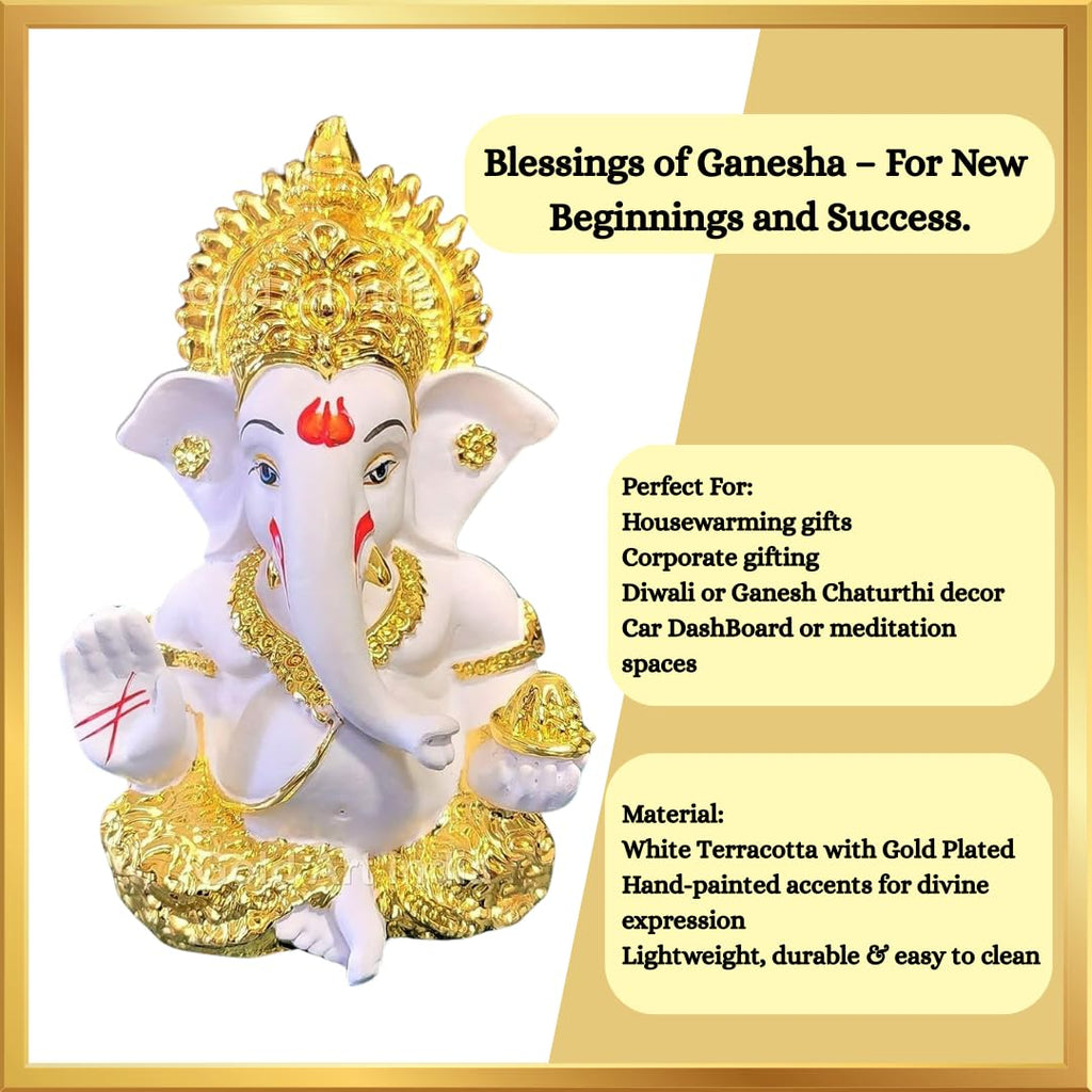 Gold Art India Peach Ivory Finish Ganesha Idol Car Dashboard IdolGanesha Murti Ganpati Idol for Home Decor Puja Lord Ganesh Statue Gift for Office Desk Puja Room Figurine 3.3" inches