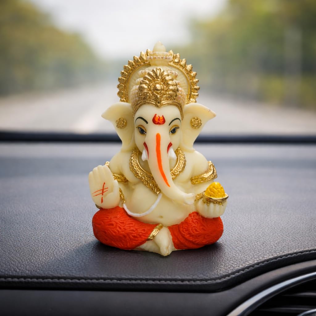 Gold Art India Peach Ivory Finish Ganesha Idol Car Dashboard IdolGanesha Murti Ganpati Idol for Home Decor Puja Lord Ganesh Statue Gift for Office Desk Puja Room Figurine 3.3" inches