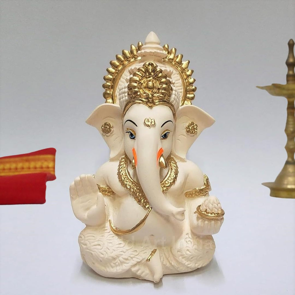 Gold Art India Peach Ivory Finish Ganesha Idol Car Dashboard IdolGanesha Murti Ganpati Idol for Home Decor Puja Lord Ganesh Statue Gift for Office Desk Puja Room Figurine 3.3" inches