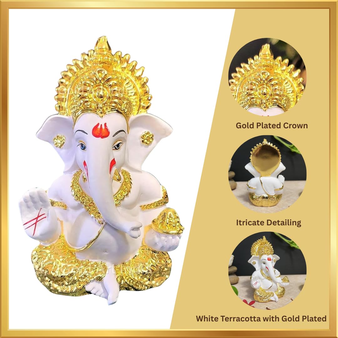 Gold Art India Peach Ivory Finish Ganesha Idol Car Dashboard IdolGanesha Murti Ganpati Idol for Home Decor Puja Lord Ganesh Statue Gift for Office Desk Puja Room Figurine 3.3" inches
