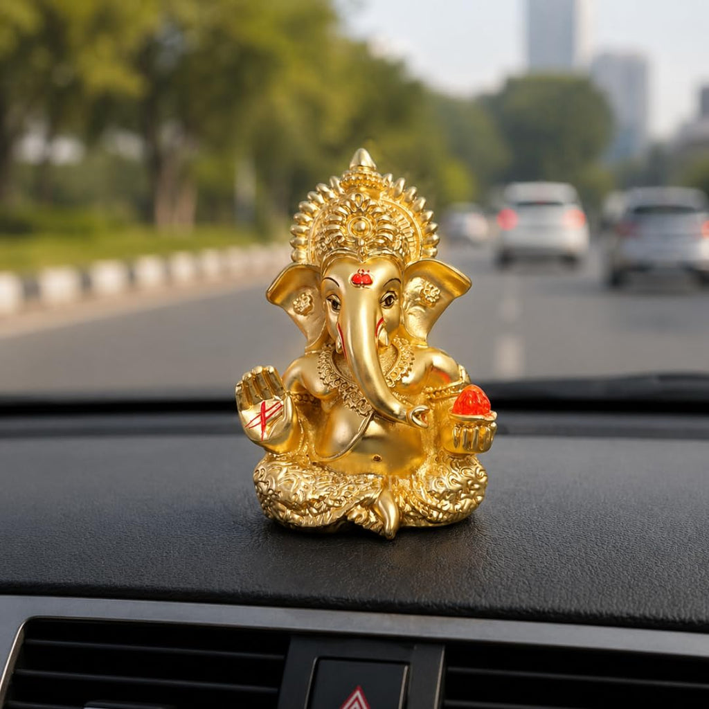 Gold Art India Peach Ivory Finish Ganesha Idol Car Dashboard IdolGanesha Murti Ganpati Idol for Home Decor Puja Lord Ganesh Statue Gift for Office Desk Puja Room Figurine 3.3" inches