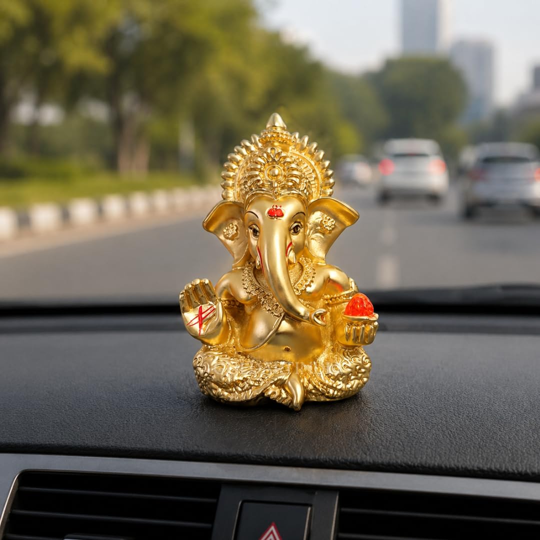 Gold Art India Peach Ivory Finish Ganesha Idol Car Dashboard IdolGanesha Murti Ganpati Idol for Home Decor Puja Lord Ganesh Statue Gift for Office Desk Puja Room Figurine 3.3" inches
