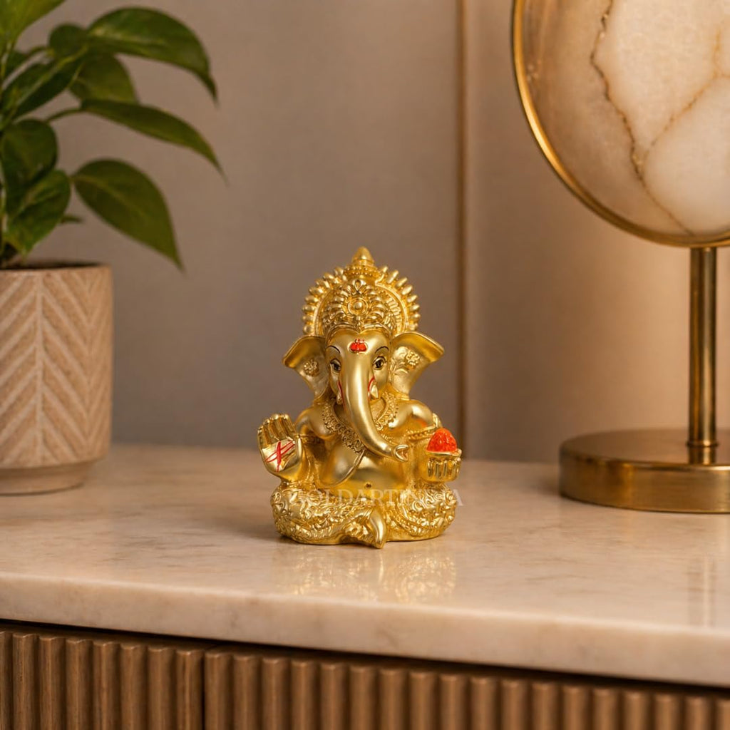 Gold Art India Peach Ivory Finish Ganesha Idol Car Dashboard IdolGanesha Murti Ganpati Idol for Home Decor Puja Lord Ganesh Statue Gift for Office Desk Puja Room Figurine 3.3" inches