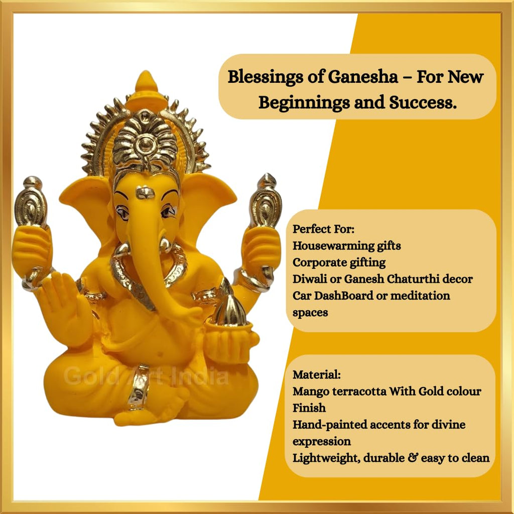 Gold Art India Peach Ivory Finish Ganesha Idol Car Dashboard IdolGanesha Murti Ganpati Idol for Home Decor Puja Lord Ganesh Statue Gift for Office Desk Puja Room Figurine 3.3" inches