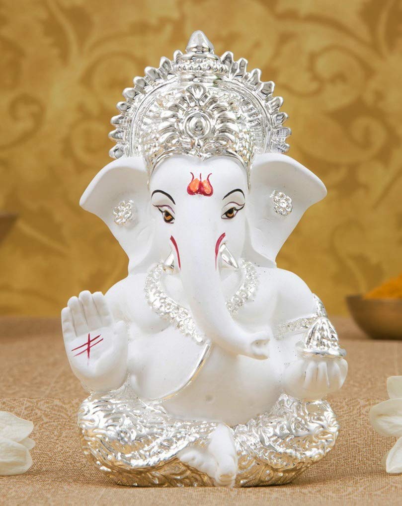 Gold Art India Peach Ivory Finish Ganesha Idol Car Dashboard IdolGanesha Murti Ganpati Idol for Home Decor Puja Lord Ganesh Statue Gift for Office Desk Puja Room Figurine 3.3" inches