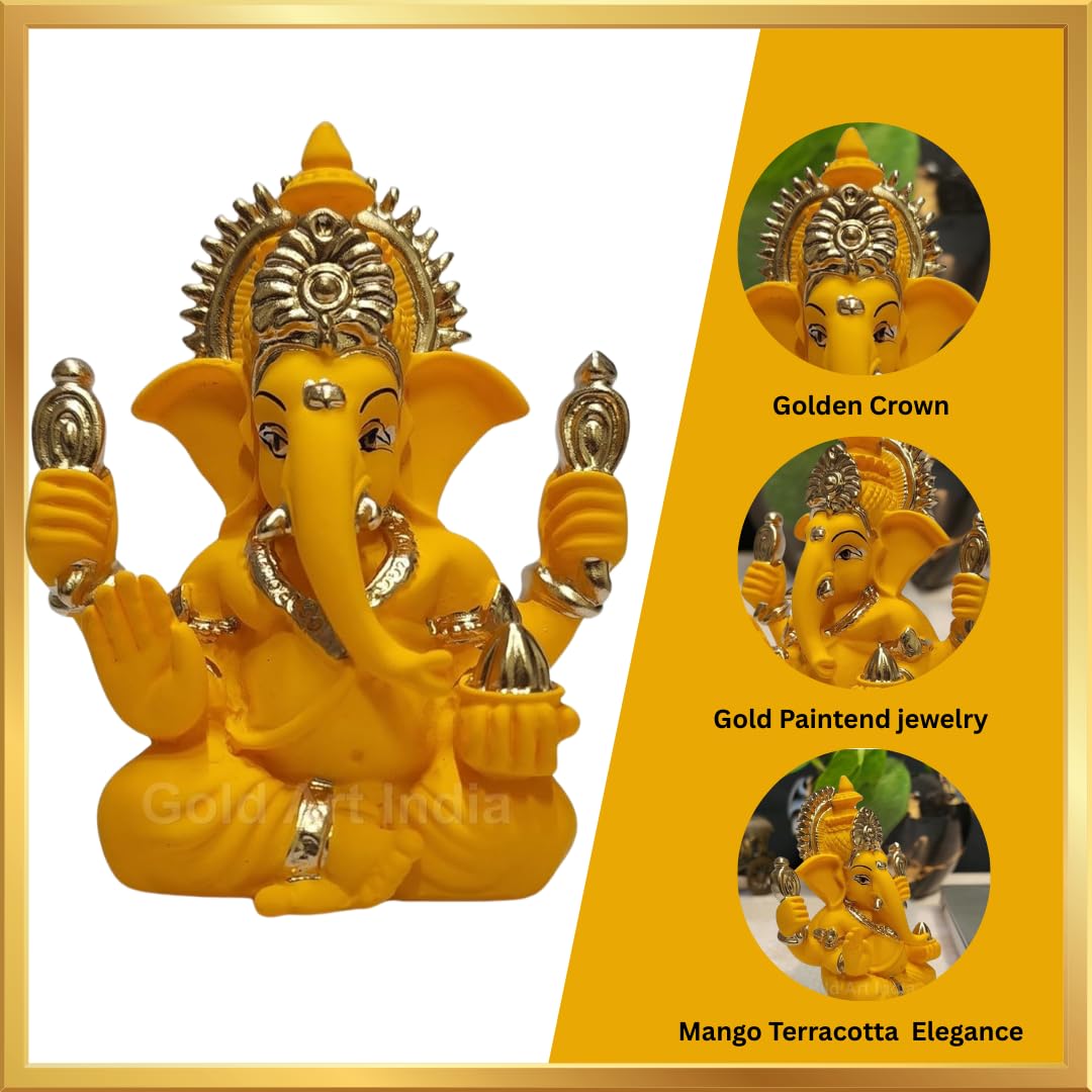 Gold Art India Peach Ivory Finish Ganesha Idol Car Dashboard IdolGanesha Murti Ganpati Idol for Home Decor Puja Lord Ganesh Statue Gift for Office Desk Puja Room Figurine 3.3" inches