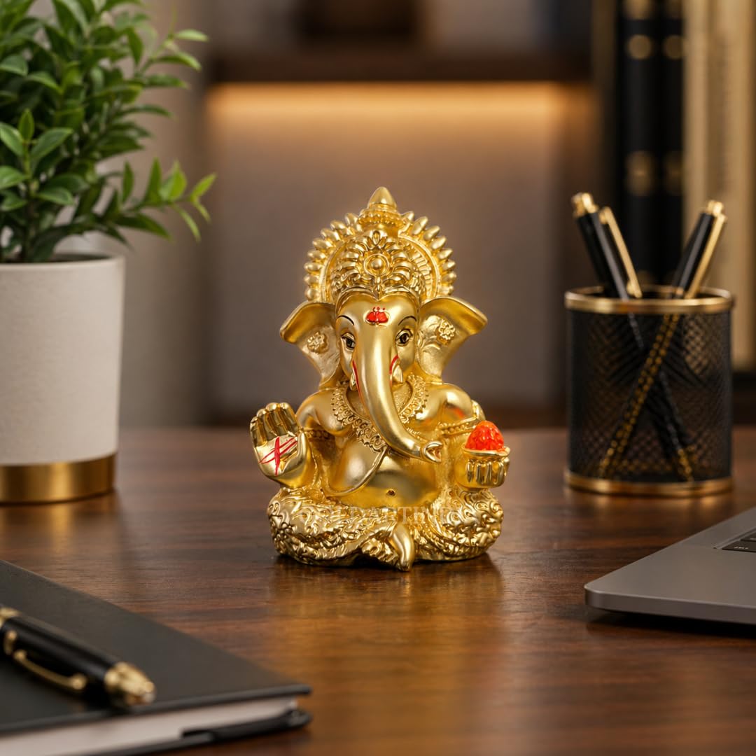 Gold Art India Peach Ivory Finish Ganesha Idol Car Dashboard IdolGanesha Murti Ganpati Idol for Home Decor Puja Lord Ganesh Statue Gift for Office Desk Puja Room Figurine 3.3" inches