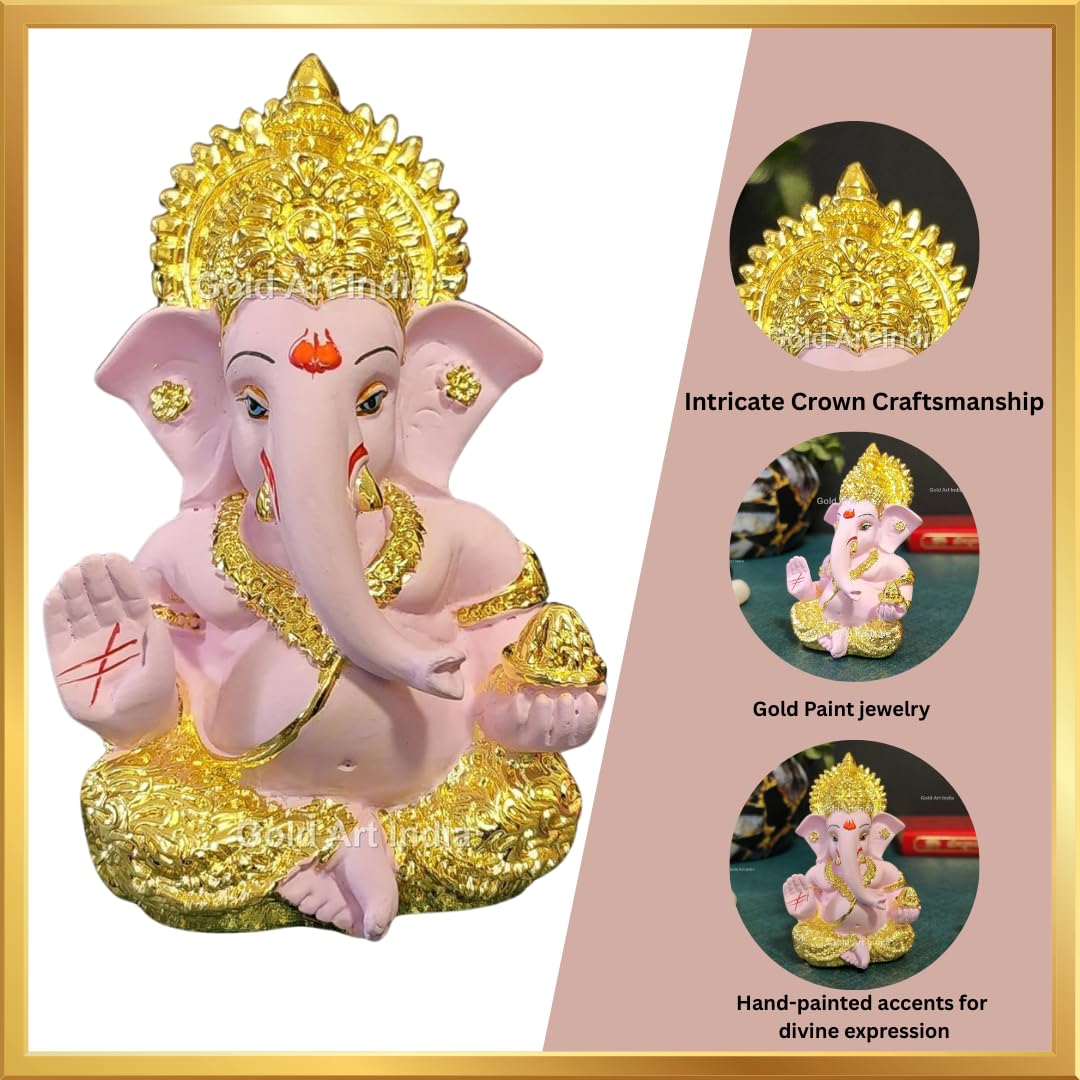 Gold Art India Peach Ivory Finish Ganesha Idol Car Dashboard IdolGanesha Murti Ganpati Idol for Home Decor Puja Lord Ganesh Statue Gift for Office Desk Puja Room Figurine 3.3" inches