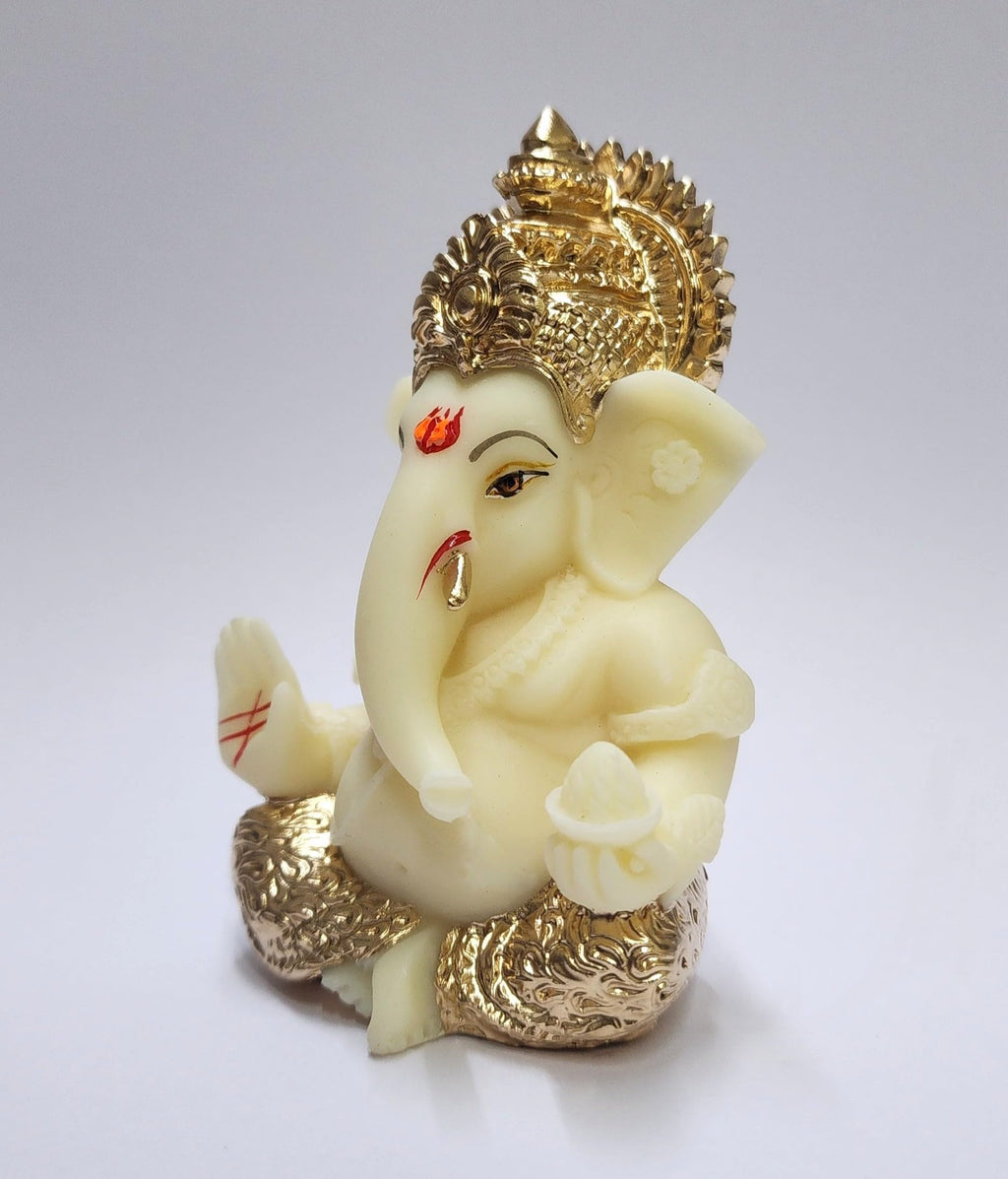 Gold Art India Peach Ivory Finish Ganesha Idol Car Dashboard IdolGanesha Murti Ganpati Idol for Home Decor Puja Lord Ganesh Statue Gift for Office Desk Puja Room Figurine 3.3" inches