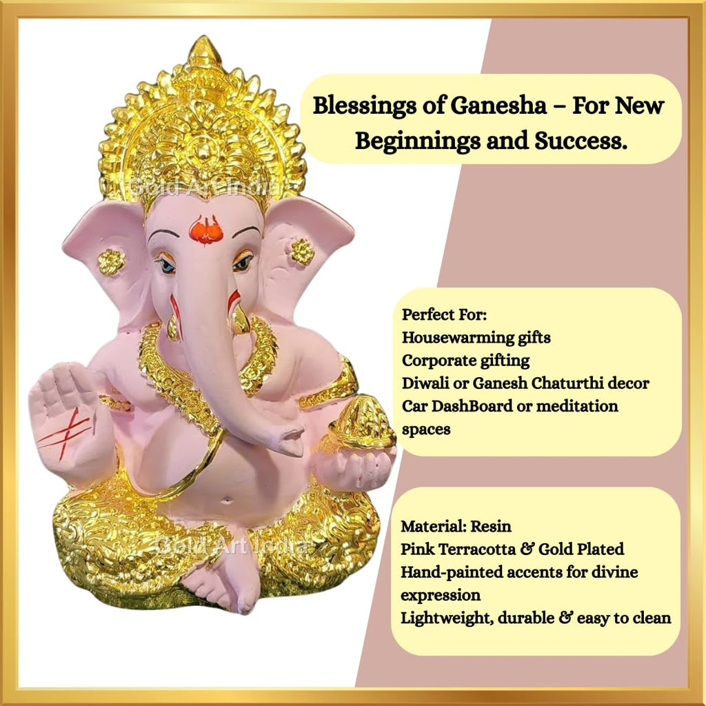 Gold Art India Peach Ivory Finish Ganesha Idol Car Dashboard IdolGanesha Murti Ganpati Idol for Home Decor Puja Lord Ganesh Statue Gift for Office Desk Puja Room Figurine 3.3" inches
