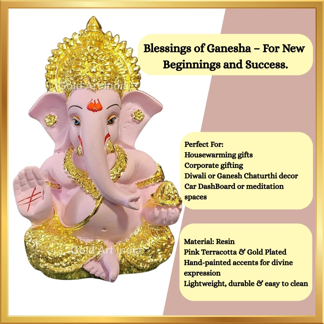 Gold Art India Peach Ivory Finish Ganesha Idol Car Dashboard IdolGanesha Murti Ganpati Idol for Home Decor Puja Lord Ganesh Statue Gift for Office Desk Puja Room Figurine 3.3" inches