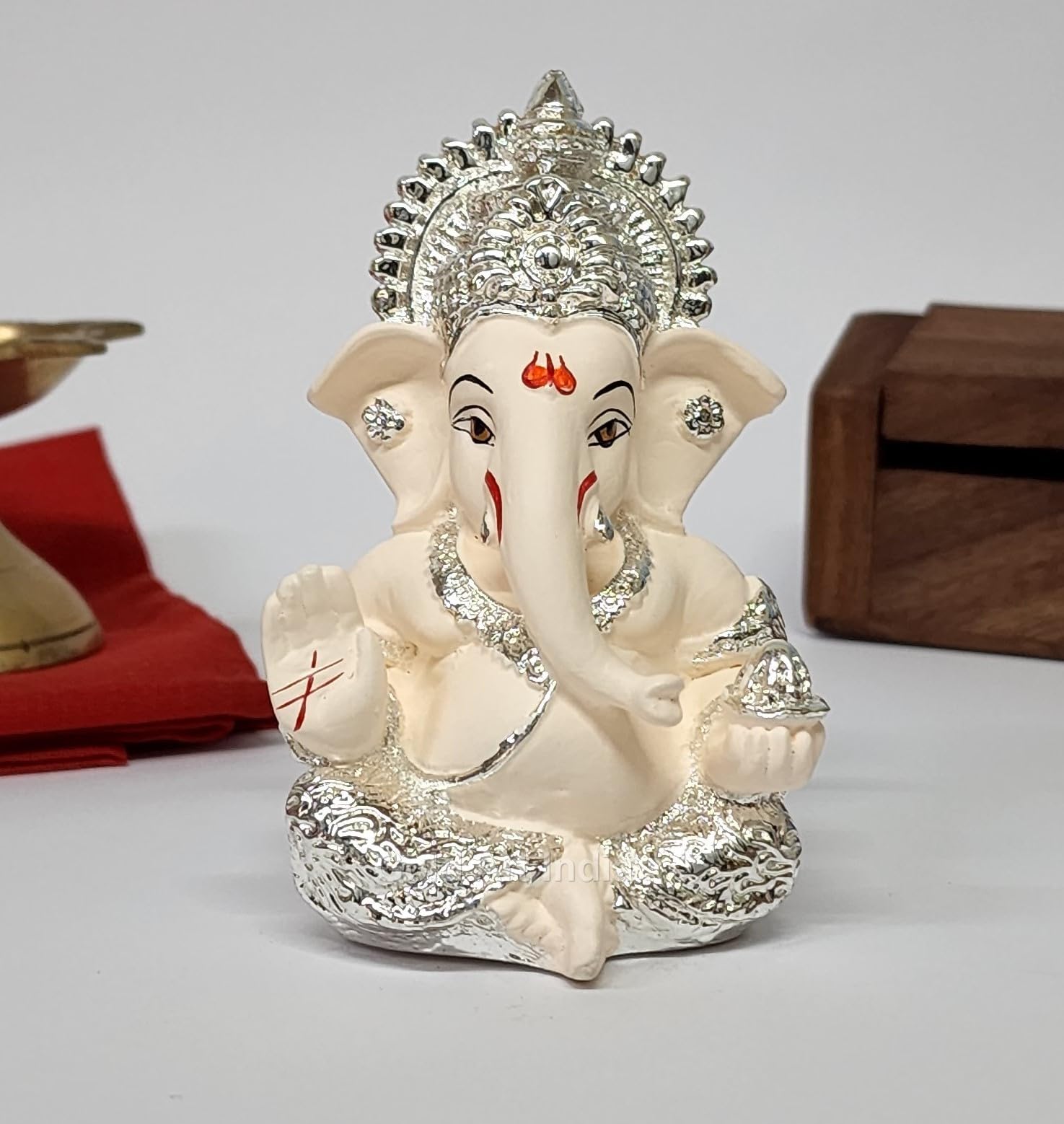 Gold Art India Peach Ivory Finish Ganesha Idol Car Dashboard IdolGanesha Murti Ganpati Idol for Home Decor Puja Lord Ganesh Statue Gift for Office Desk Puja Room Figurine 3.3" inches