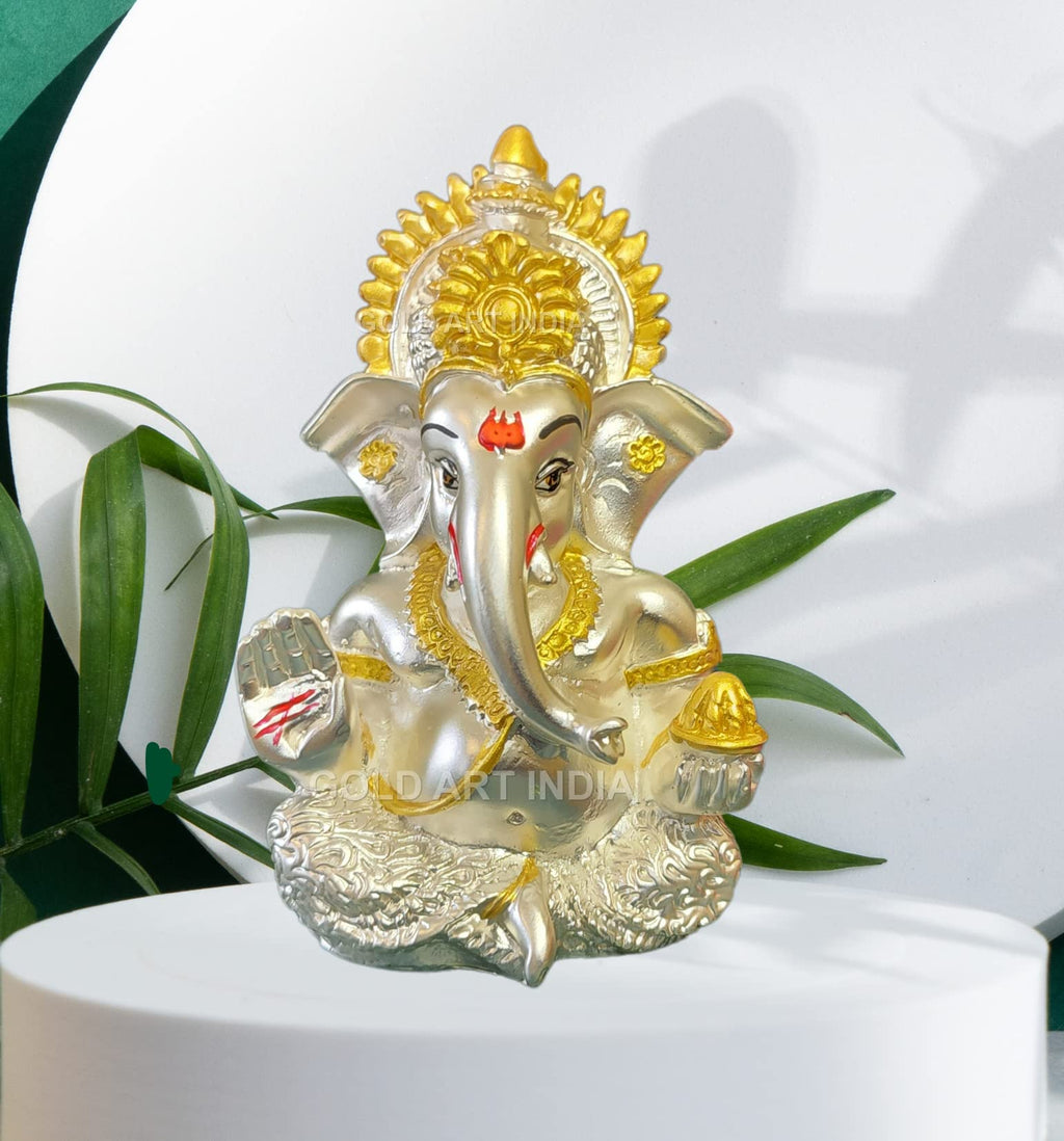 Gold Art India Peach Ivory Finish Ganesha Idol Car Dashboard IdolGanesha Murti Ganpati Idol for Home Decor Puja Lord Ganesh Statue Gift for Office Desk Puja Room Figurine 3.3" inches