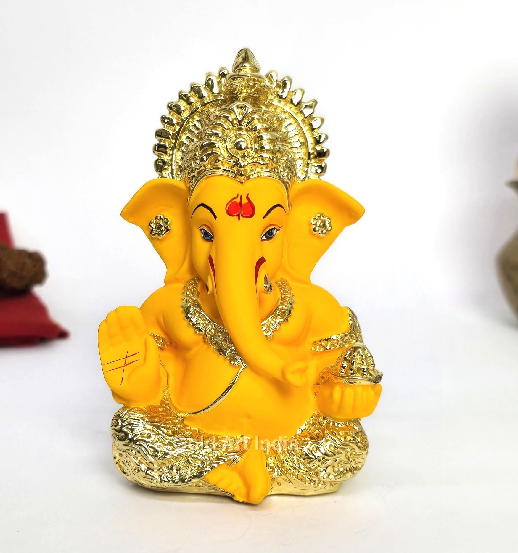 Gold Art India Peach Ivory Finish Ganesha Idol Car Dashboard IdolGanesha Murti Ganpati Idol for Home Decor Puja Lord Ganesh Statue Gift for Office Desk Puja Room Figurine 3.3" inches
