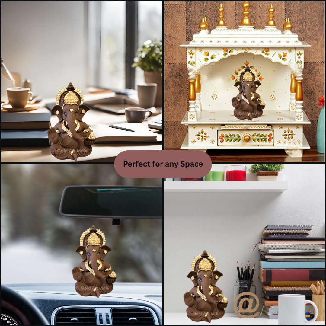 Gold Art India Peach Ivory Finish Ganesha Idol Car Dashboard IdolGanesha Murti Ganpati Idol for Home Decor Puja Lord Ganesh Statue Gift for Office Desk Puja Room Figurine 3.3" inches