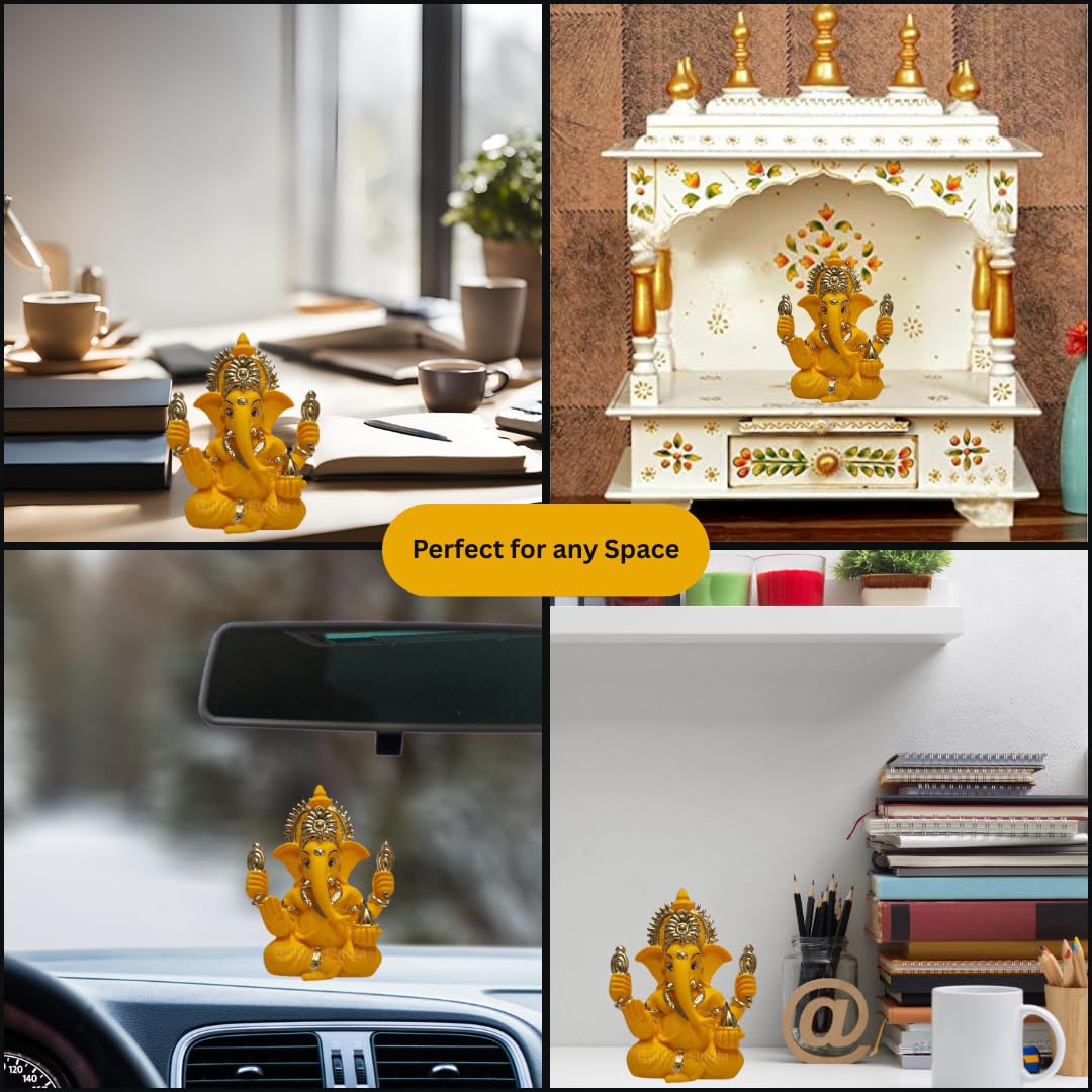 Gold Art India Peach Ivory Finish Ganesha Idol Car Dashboard IdolGanesha Murti Ganpati Idol for Home Decor Puja Lord Ganesh Statue Gift for Office Desk Puja Room Figurine 3.3" inches