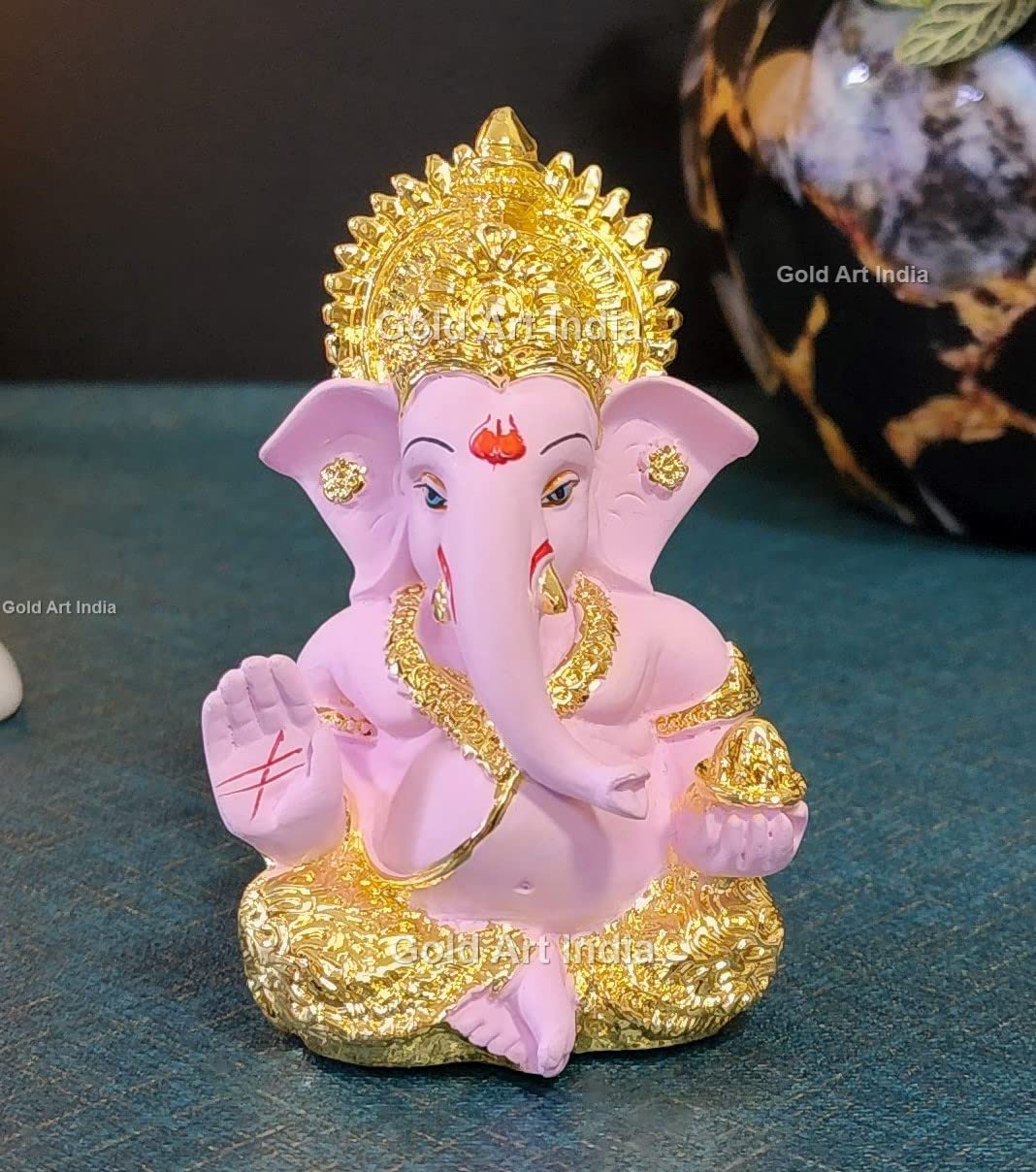 Gold Art India Peach Ivory Finish Ganesha Idol Car Dashboard IdolGanesha Murti Ganpati Idol for Home Decor Puja Lord Ganesh Statue Gift for Office Desk Puja Room Figurine 3.3" inches