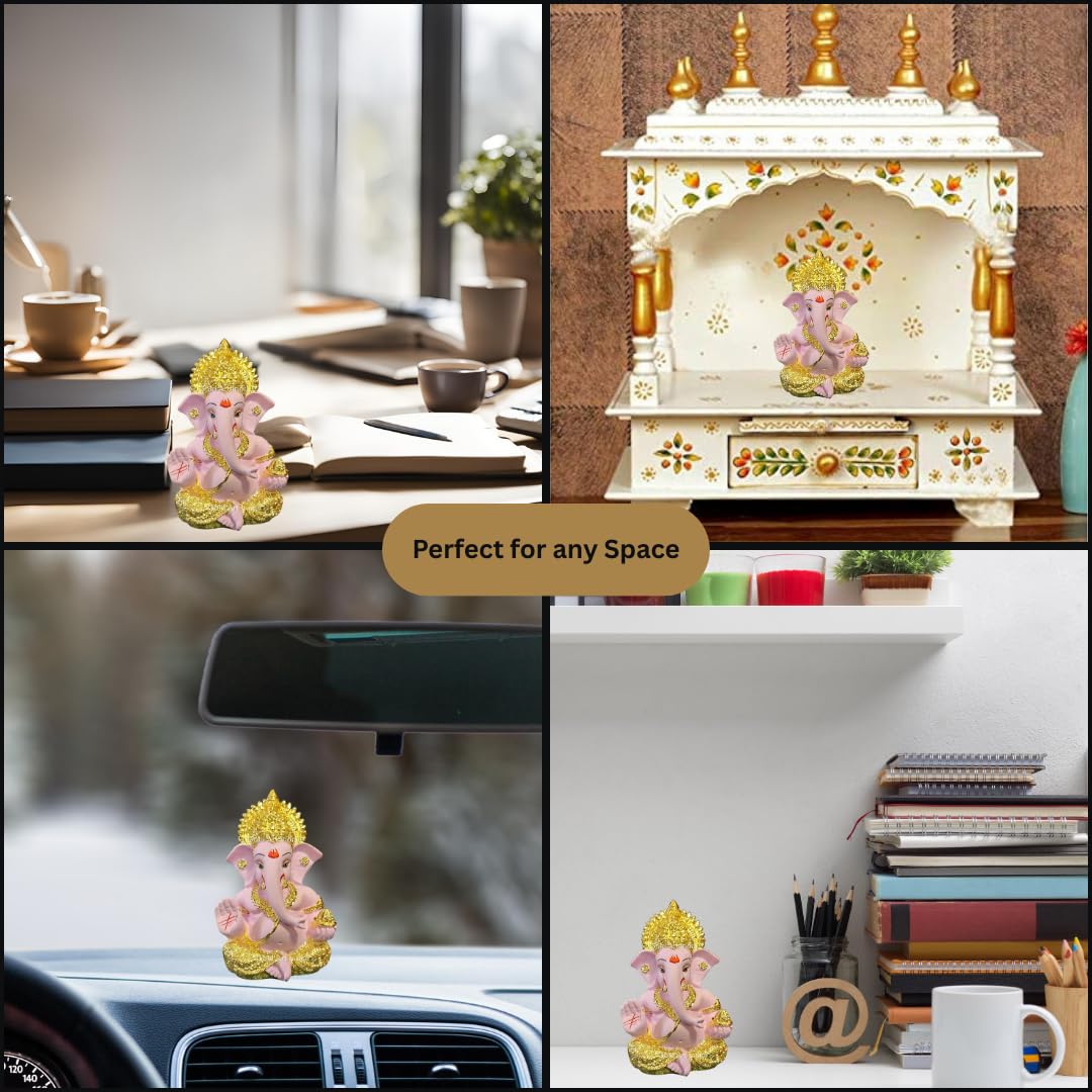 Gold Art India Peach Ivory Finish Ganesha Idol Car Dashboard IdolGanesha Murti Ganpati Idol for Home Decor Puja Lord Ganesh Statue Gift for Office Desk Puja Room Figurine 3.3" inches