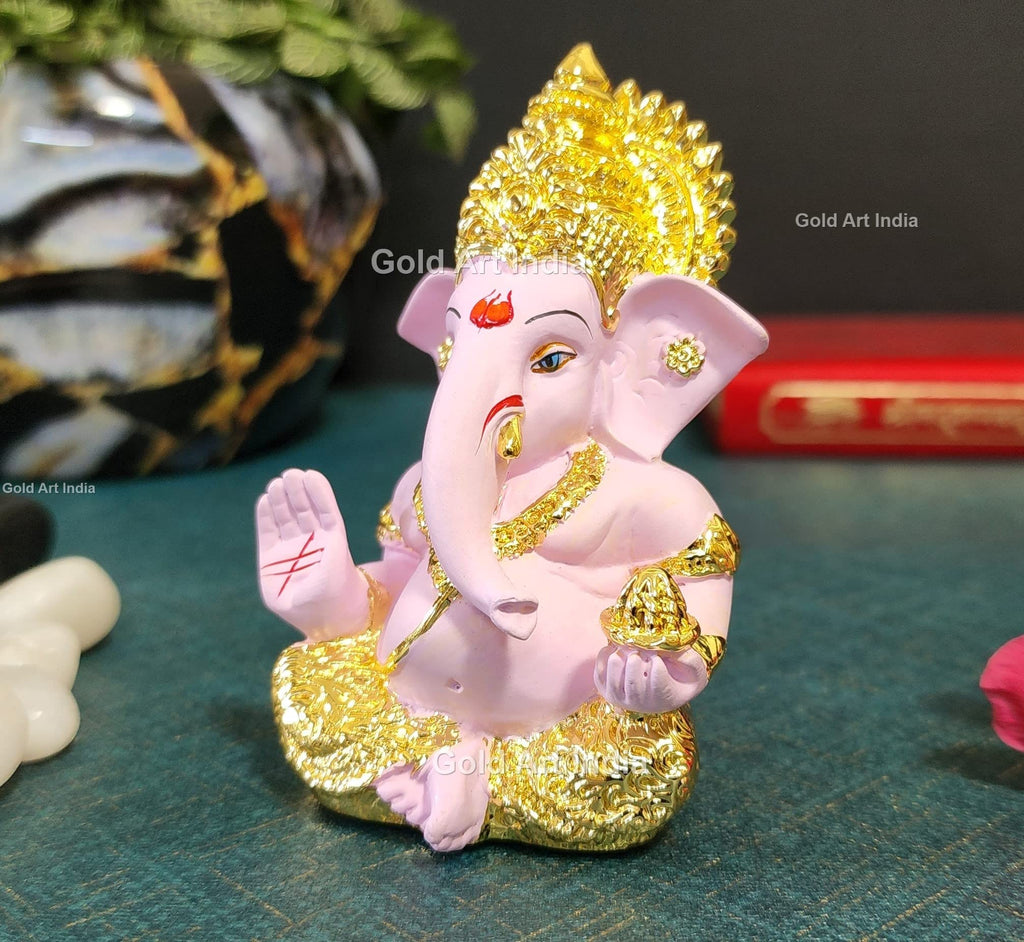 Gold Art India Peach Ivory Finish Ganesha Idol Car Dashboard IdolGanesha Murti Ganpati Idol for Home Decor Puja Lord Ganesh Statue Gift for Office Desk Puja Room Figurine 3.3" inches