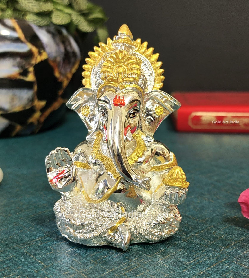 Gold Art India Peach Ivory Finish Ganesha Idol Car Dashboard IdolGanesha Murti Ganpati Idol for Home Decor Puja Lord Ganesh Statue Gift for Office Desk Puja Room Figurine 3.3" inches