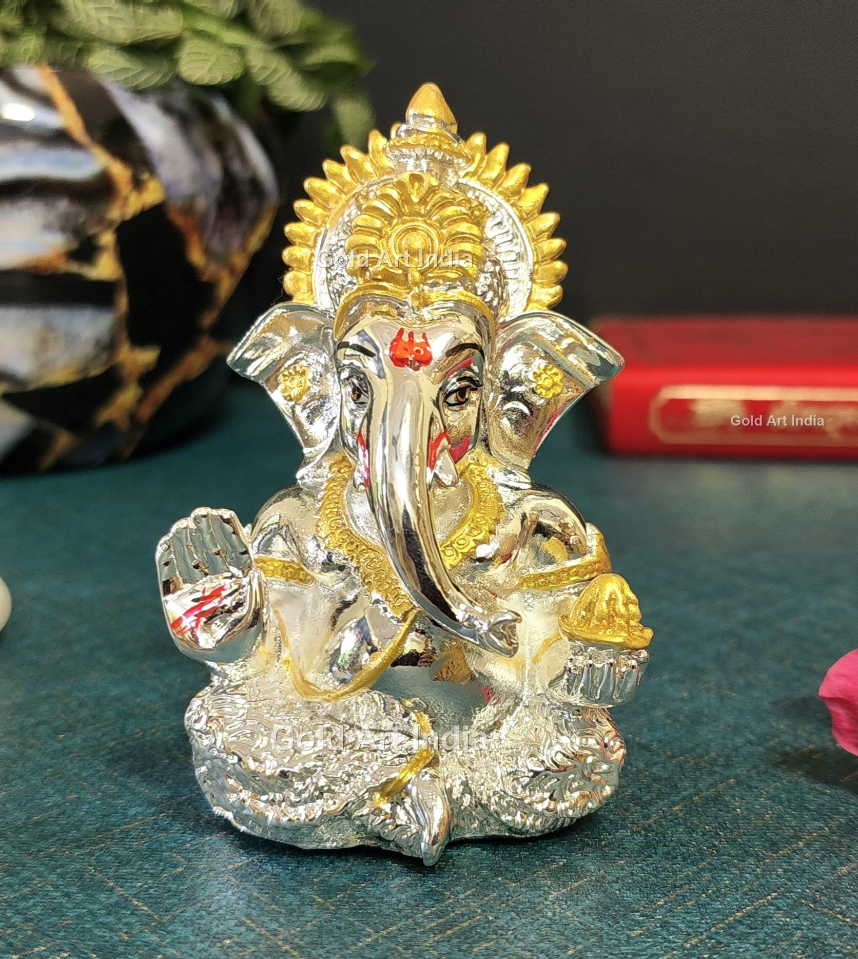 Gold Art India Peach Ivory Finish Ganesha Idol Car Dashboard IdolGanesha Murti Ganpati Idol for Home Decor Puja Lord Ganesh Statue Gift for Office Desk Puja Room Figurine 3.3" inches