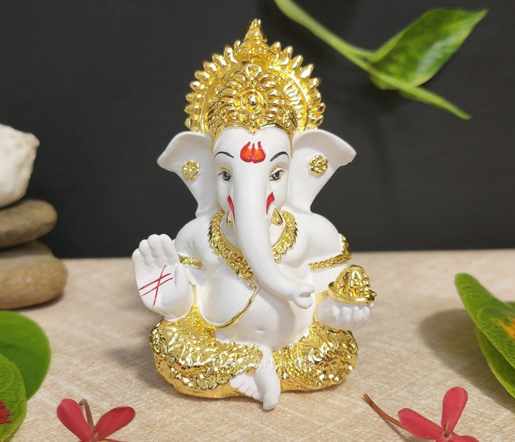Gold Art India Peach Ivory Finish Ganesha Idol Car Dashboard IdolGanesha Murti Ganpati Idol for Home Decor Puja Lord Ganesh Statue Gift for Office Desk Puja Room Figurine 3.3" inches