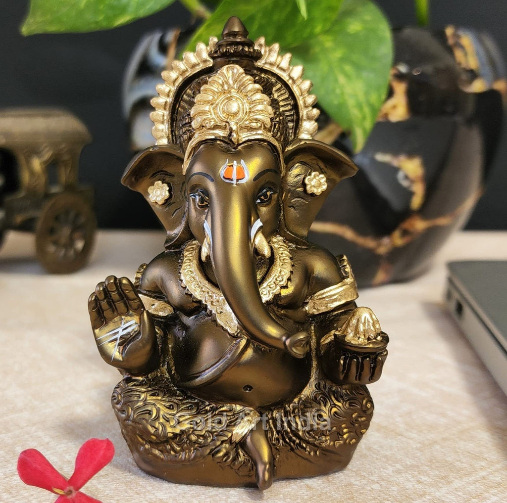 Gold Art India Peach Ivory Finish Ganesha Idol Car Dashboard IdolGanesha Murti Ganpati Idol for Home Decor Puja Lord Ganesh Statue Gift for Office Desk Puja Room Figurine 3.3" inches
