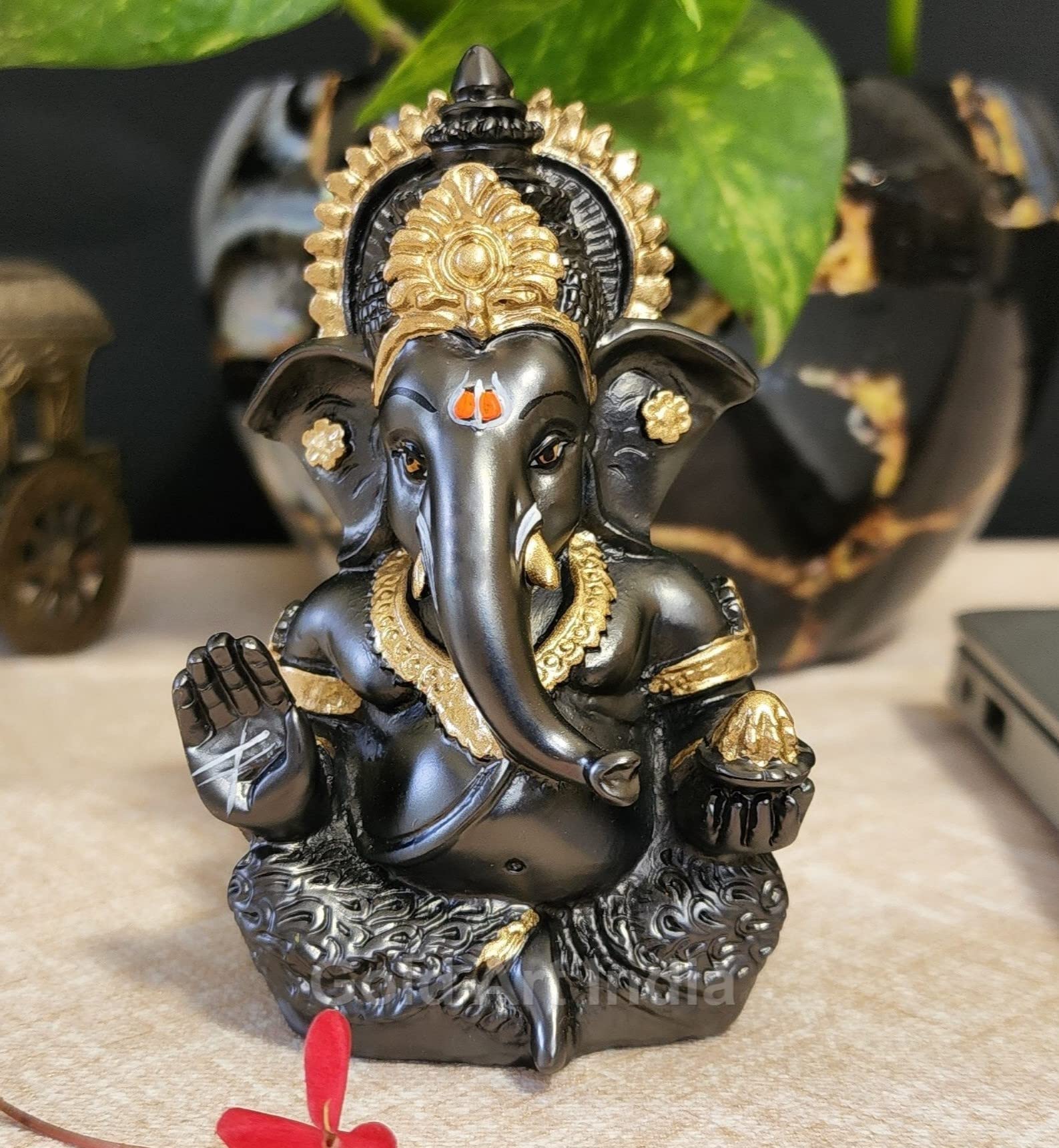 Gold Art India Peach Ivory Finish Ganesha Idol Car Dashboard IdolGanesha Murti Ganpati Idol for Home Decor Puja Lord Ganesh Statue Gift for Office Desk Puja Room Figurine 3.3" inches