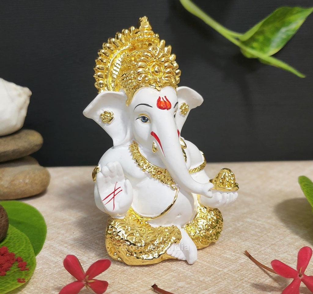 Gold Art India Peach Ivory Finish Ganesha Idol Car Dashboard IdolGanesha Murti Ganpati Idol for Home Decor Puja Lord Ganesh Statue Gift for Office Desk Puja Room Figurine 3.3" inches