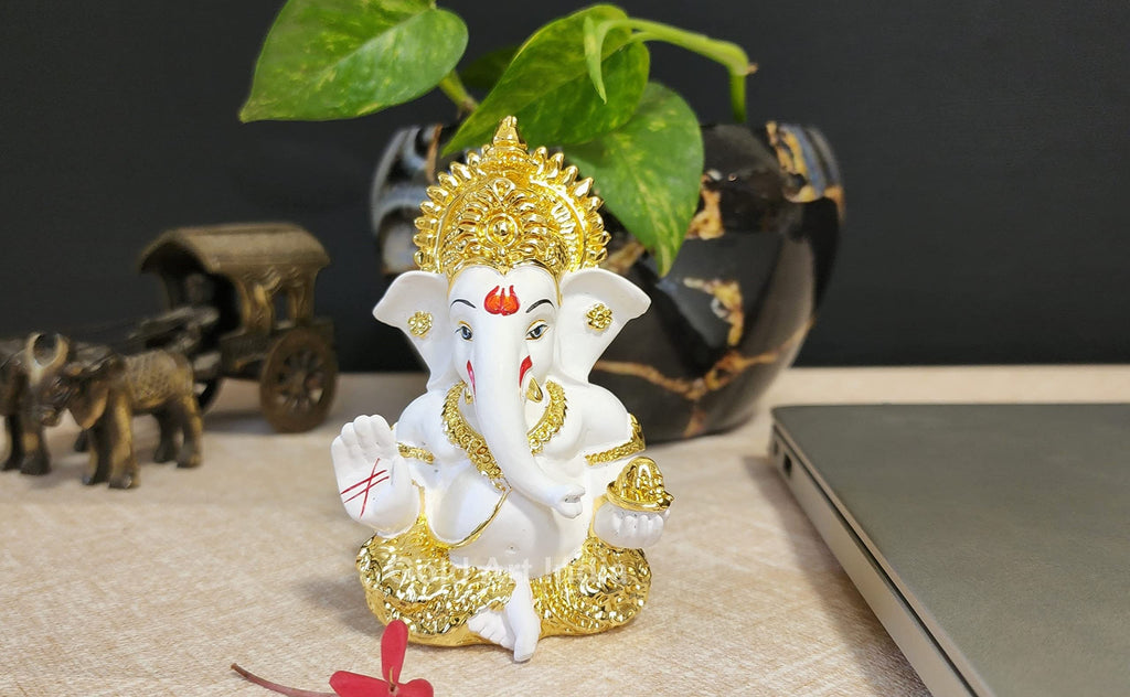 Gold Art India Peach Ivory Finish Ganesha Idol Car Dashboard IdolGanesha Murti Ganpati Idol for Home Decor Puja Lord Ganesh Statue Gift for Office Desk Puja Room Figurine 3.3" inches