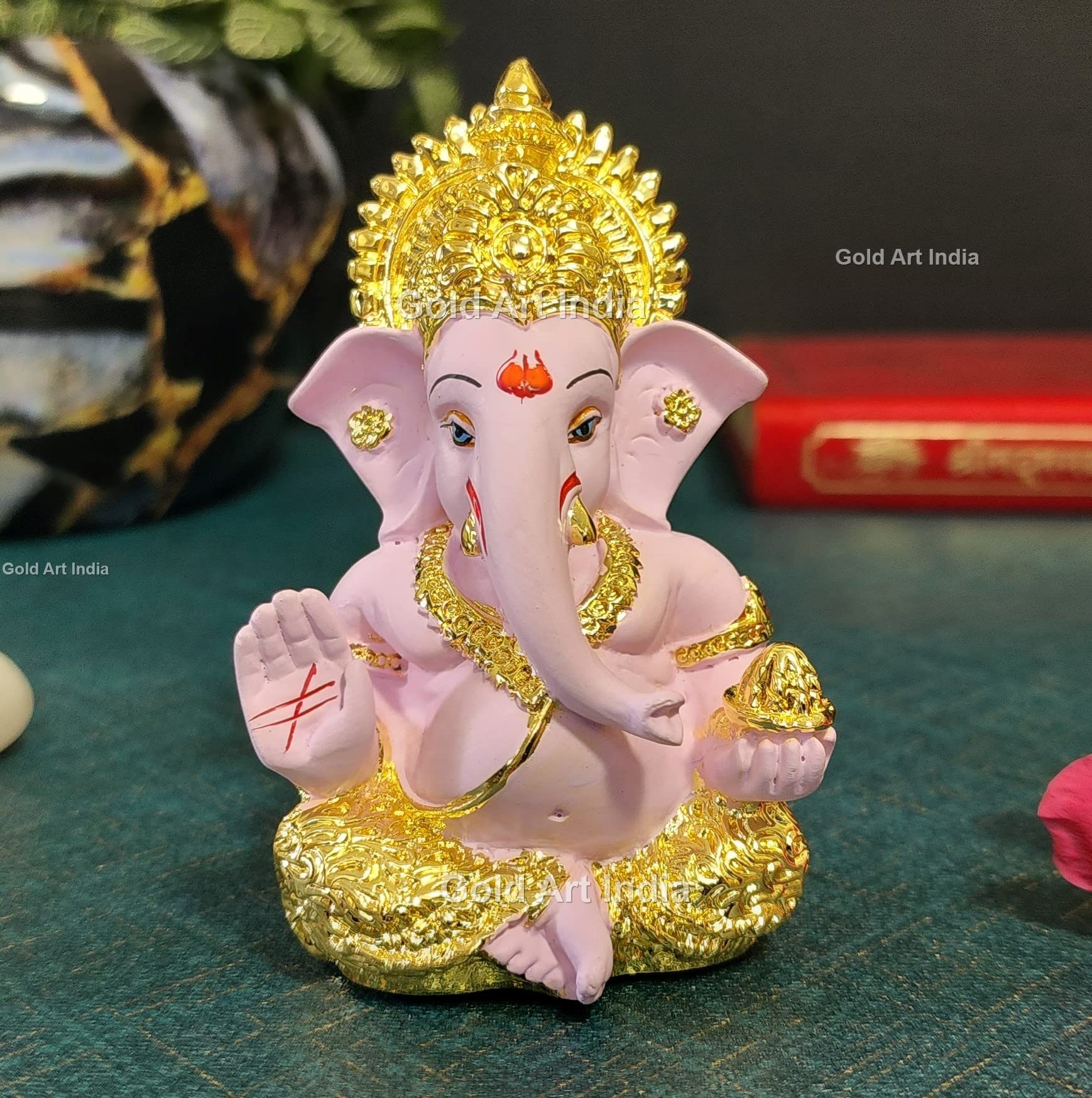 Gold Art India Peach Ivory Finish Ganesha Idol Car Dashboard IdolGanesha Murti Ganpati Idol for Home Decor Puja Lord Ganesh Statue Gift for Office Desk Puja Room Figurine 3.3" inches