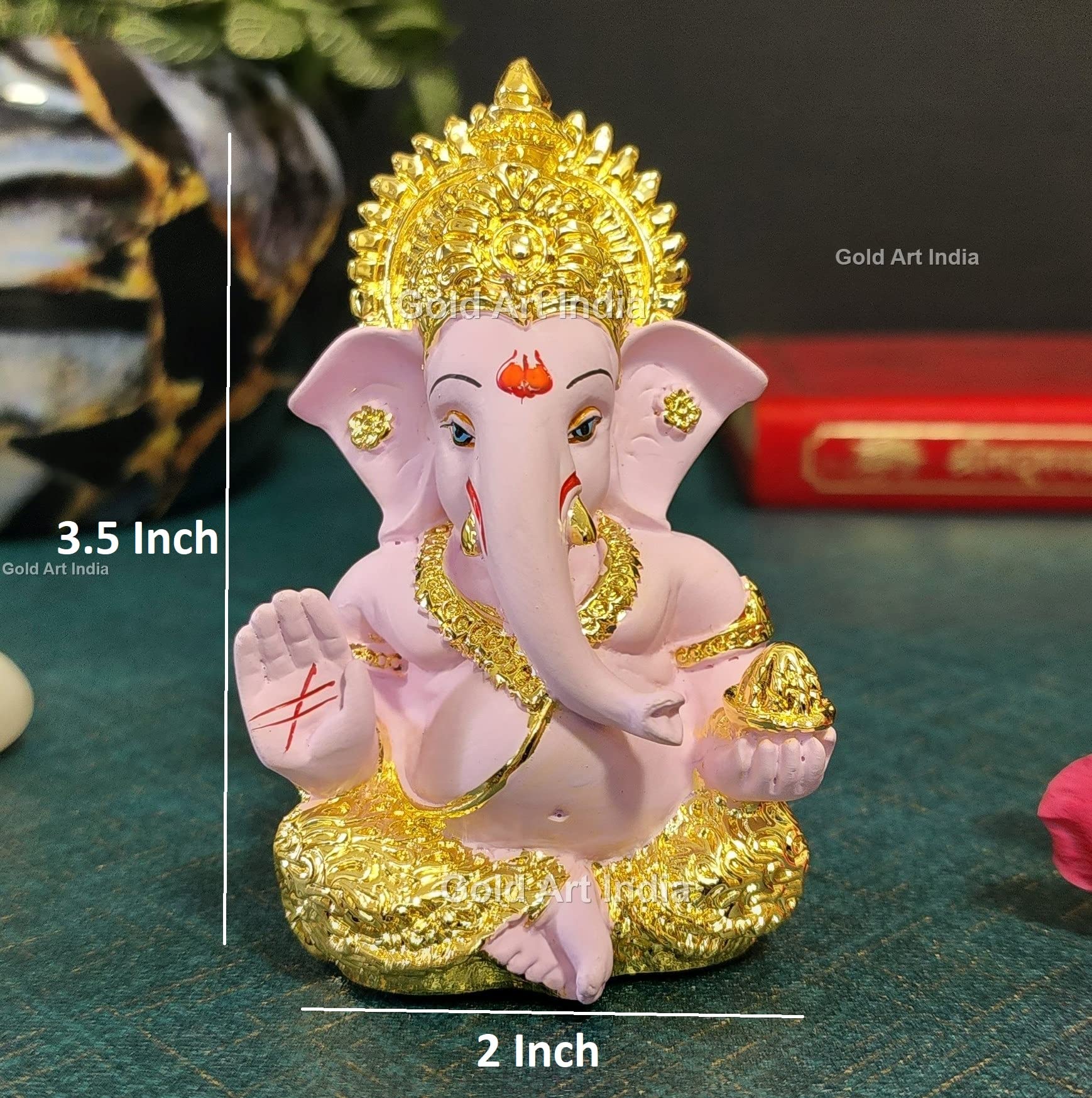 Gold Art India Peach Ivory Finish Ganesha Idol Car Dashboard IdolGanesha Murti Ganpati Idol for Home Decor Puja Lord Ganesh Statue Gift for Office Desk Puja Room Figurine 3.3" inches