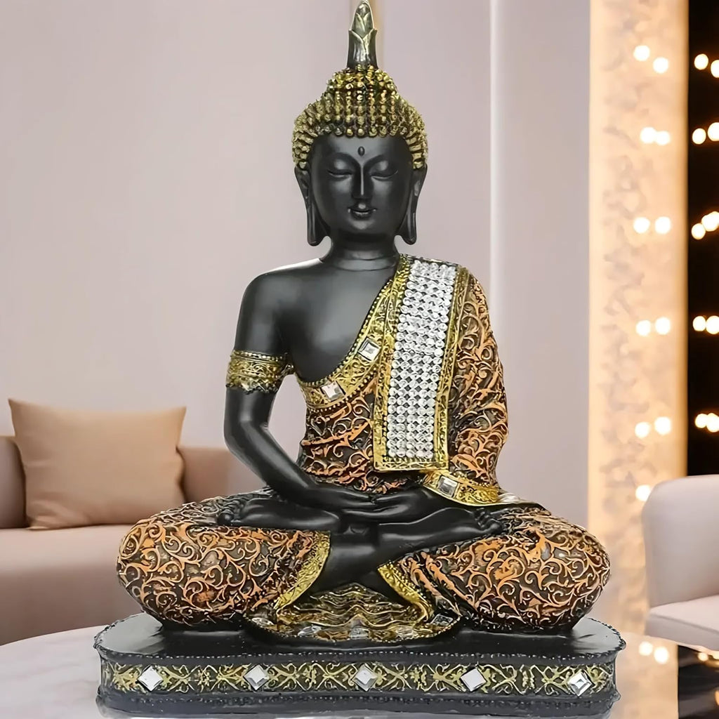 Global Grabbers New Limited Edition 25 Centimetre Meditating Sitting Buddha Idol Statue showpiece Home Decor Decoration Items for Living Room and Gifts (1, Orange Black)
