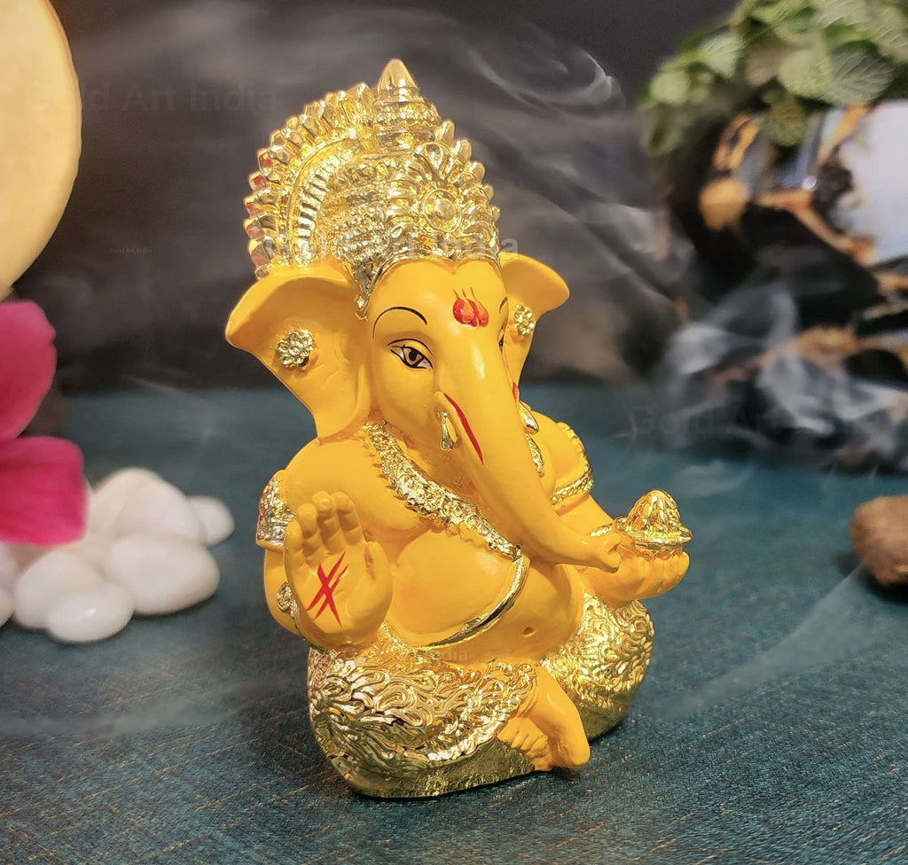 Gold Art India Peach Ivory Finish Ganesha Idol Car Dashboard IdolGanesha Murti Ganpati Idol for Home Decor Puja Lord Ganesh Statue Gift for Office Desk Puja Room Figurine 3.3" inches