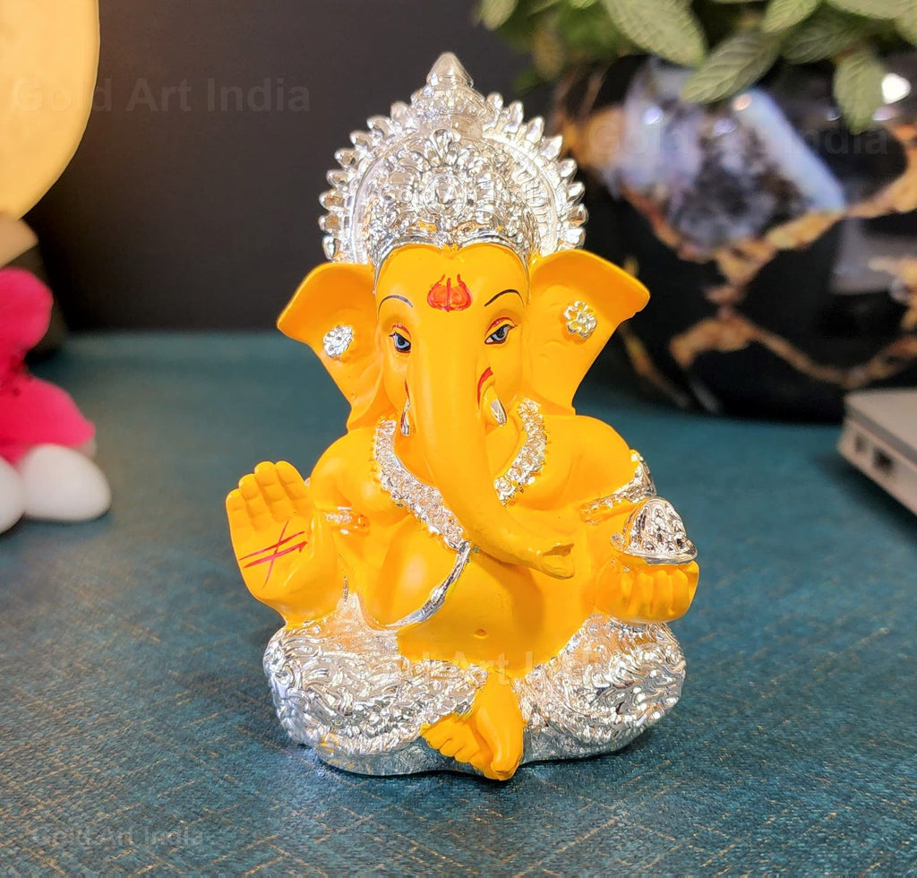 Gold Art India Peach Ivory Finish Ganesha Idol Car Dashboard IdolGanesha Murti Ganpati Idol for Home Decor Puja Lord Ganesh Statue Gift for Office Desk Puja Room Figurine 3.3" inches