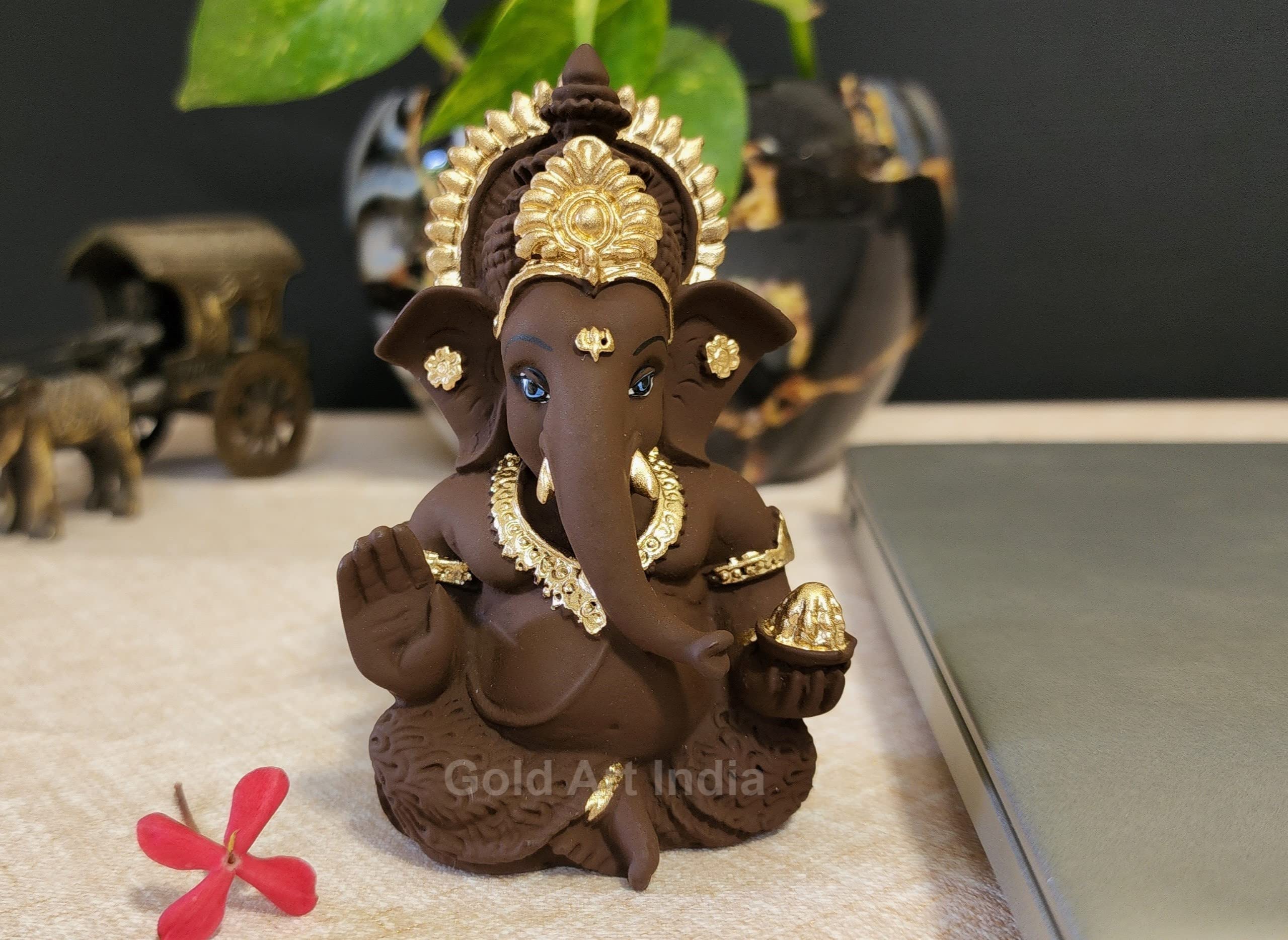 Gold Art India Peach Ivory Finish Ganesha Idol Car Dashboard IdolGanesha Murti Ganpati Idol for Home Decor Puja Lord Ganesh Statue Gift for Office Desk Puja Room Figurine 3.3" inches