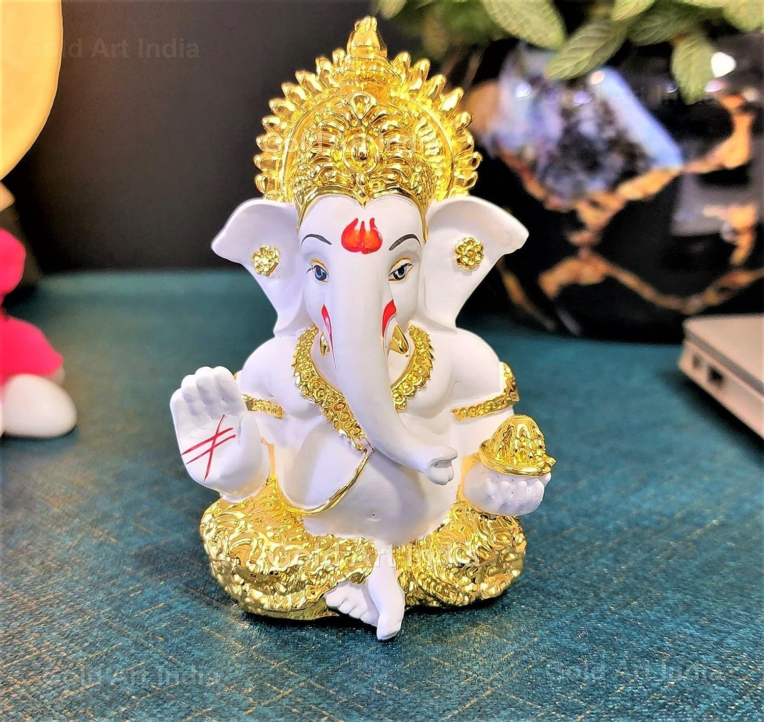 Gold Art India Peach Ivory Finish Ganesha Idol Car Dashboard IdolGanesha Murti Ganpati Idol for Home Decor Puja Lord Ganesh Statue Gift for Office Desk Puja Room Figurine 3.3" inches