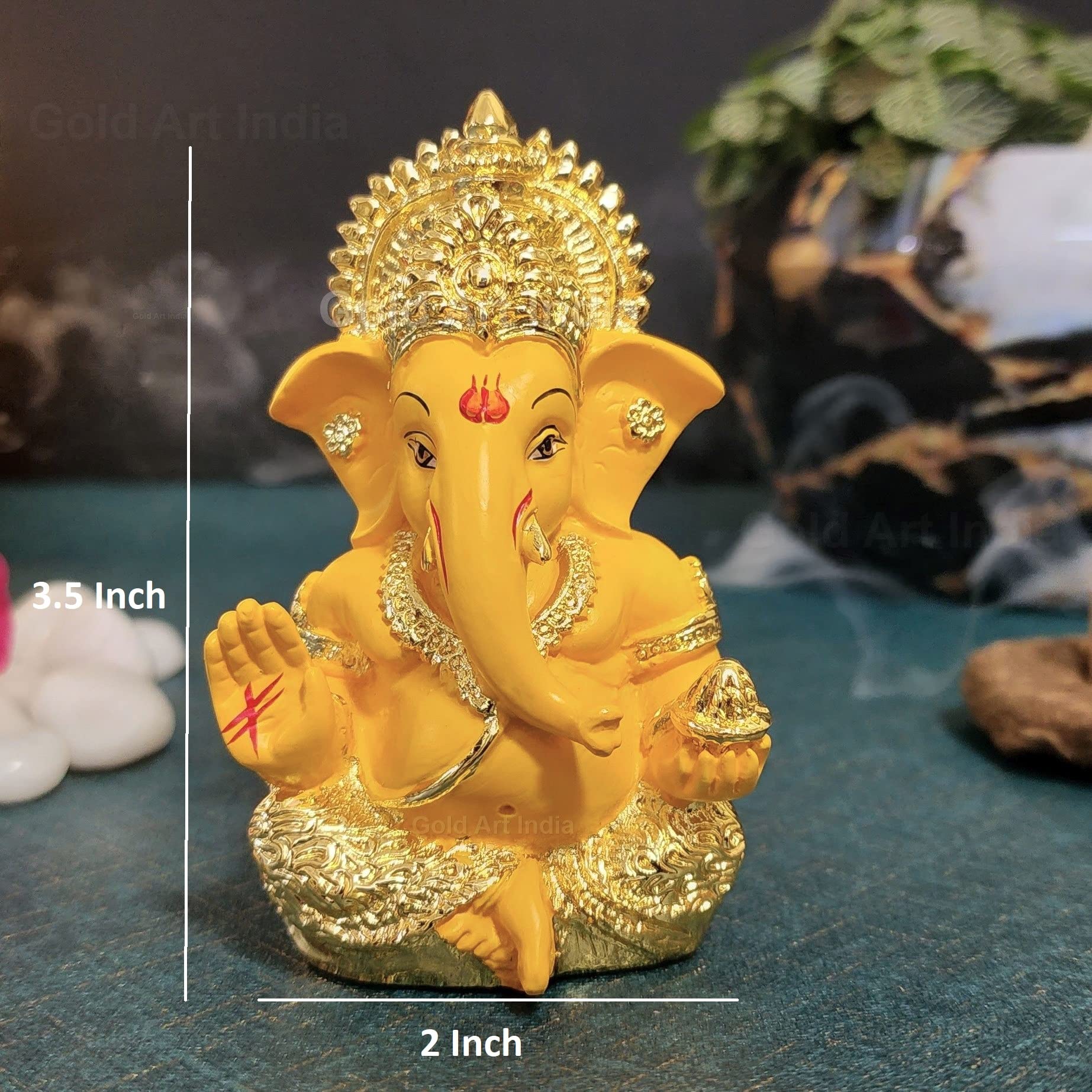 Gold Art India Peach Ivory Finish Ganesha Idol Car Dashboard IdolGanesha Murti Ganpati Idol for Home Decor Puja Lord Ganesh Statue Gift for Office Desk Puja Room Figurine 3.3" inches