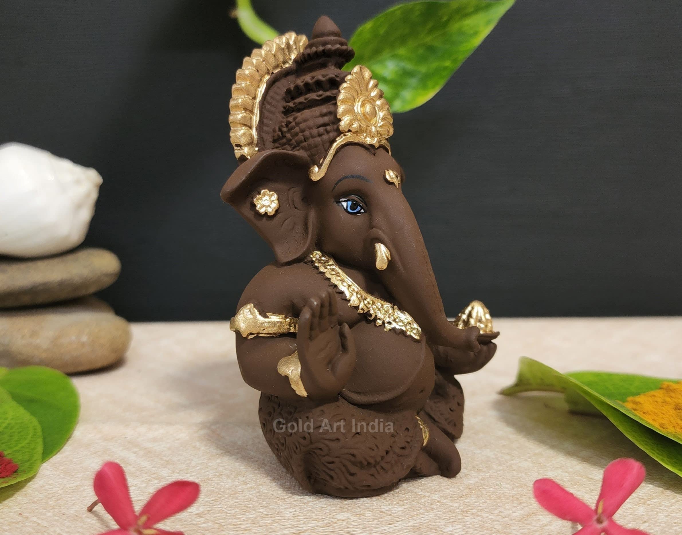 Gold Art India Peach Ivory Finish Ganesha Idol Car Dashboard IdolGanesha Murti Ganpati Idol for Home Decor Puja Lord Ganesh Statue Gift for Office Desk Puja Room Figurine 3.3" inches