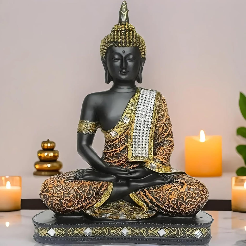 Global Grabbers New Limited Edition 25 Centimetre Meditating Sitting Buddha Idol Statue showpiece Home Decor Decoration Items for Living Room and Gifts (1, Orange Black)